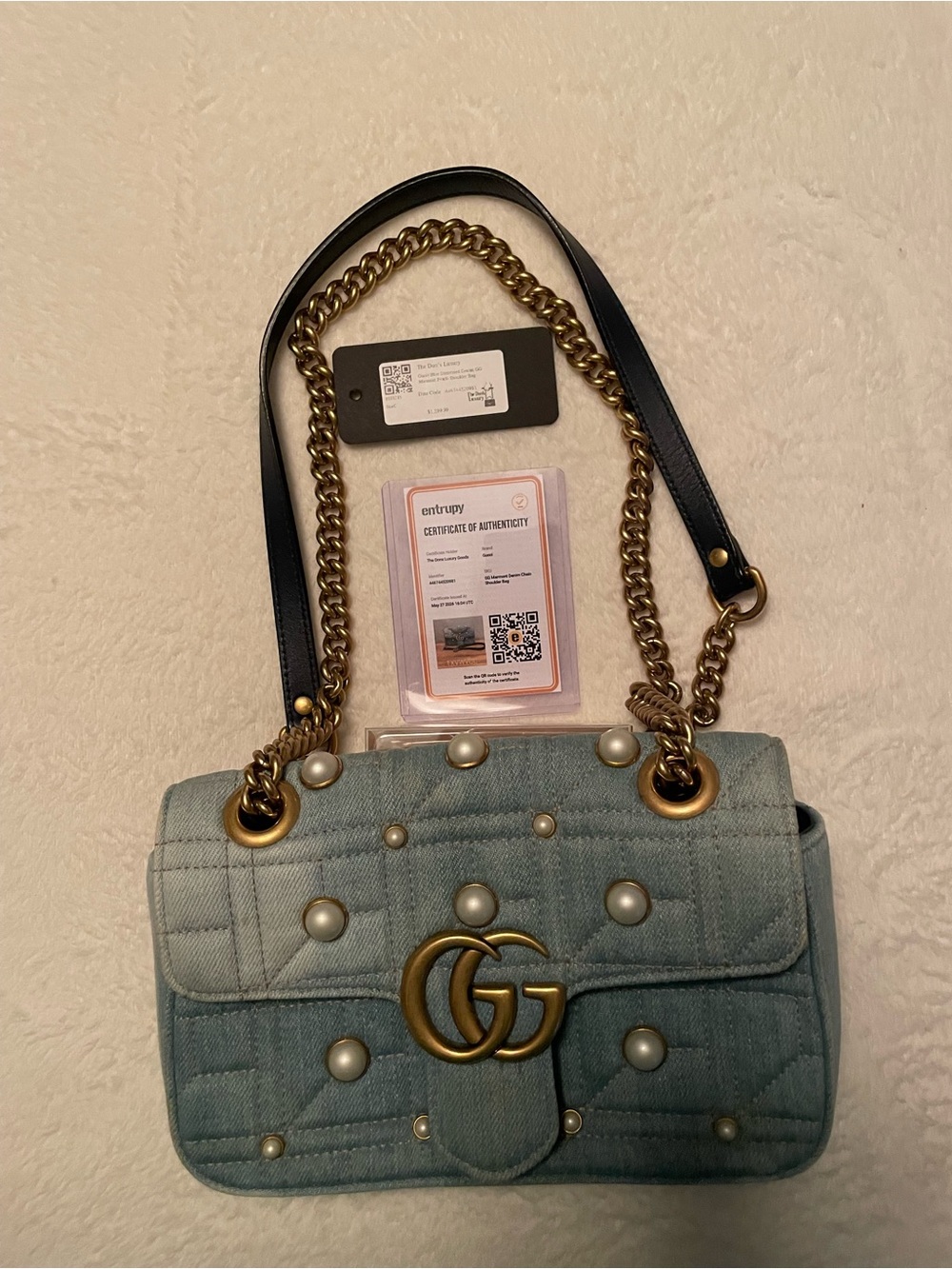 Gucci Quilted Light Blue distressed Denim Shoulder Bag with Pearl Studs and gold